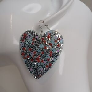 Silver Heart Earrings with Multicolor Glitter